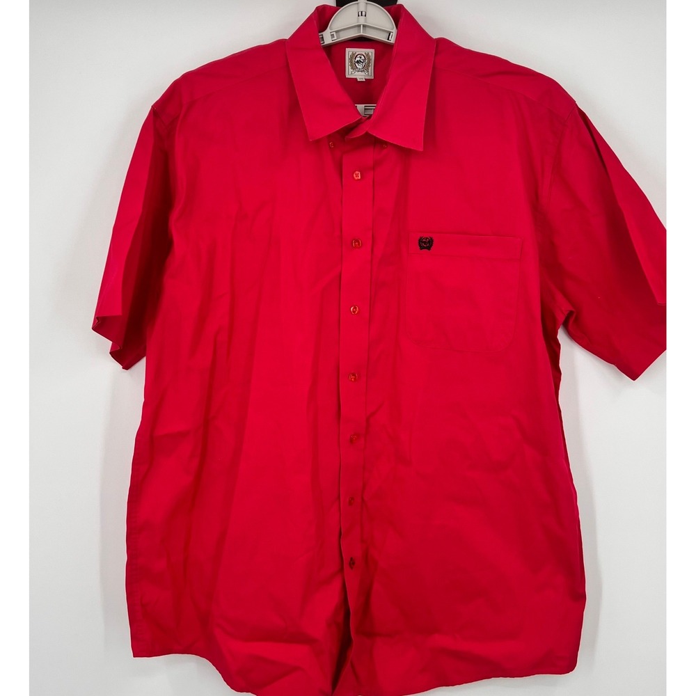 Cinch Mens XL Red Short Sleeve Button Down 90s Western Cotton Shirt Solid Pocket